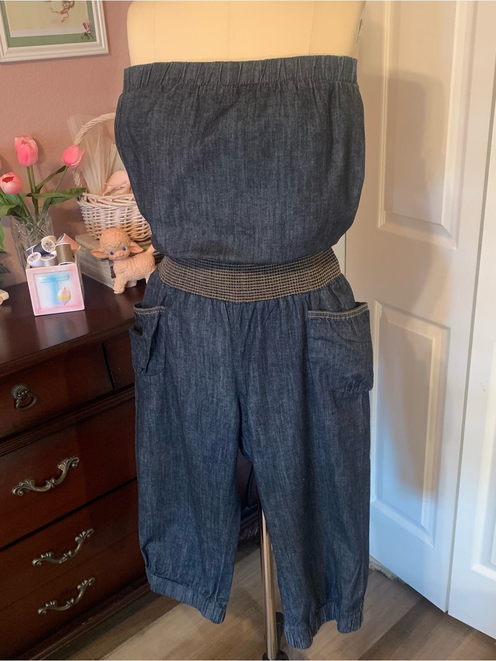 GOOD TIME Strapless Dark Denim Jumpsuit with Elastic Waist